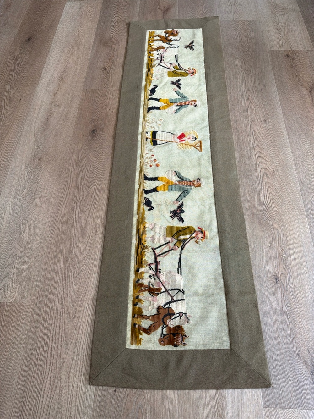 VTG Wool Needle Point Wall Panel Hand Made Folk- Art Harvest Country Life 68x20”